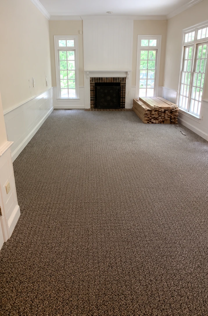 Living room with carpet and stacked wood flooring before installation